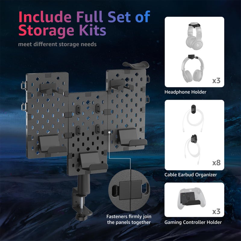 PEGZONE حامل سماعات رأس ووحدة تحكم معياري للألعاب من PEGZONE، لوحة تثبيت بمشبك، حامل وحدة تحكم دوار مع خطافات للكابلات، ملحق ألعاب لأجهزة Xbox وPS5 وPS4 وNintendo Switch، لوحة تثبيت من 3 قطع، أسود - Image 4